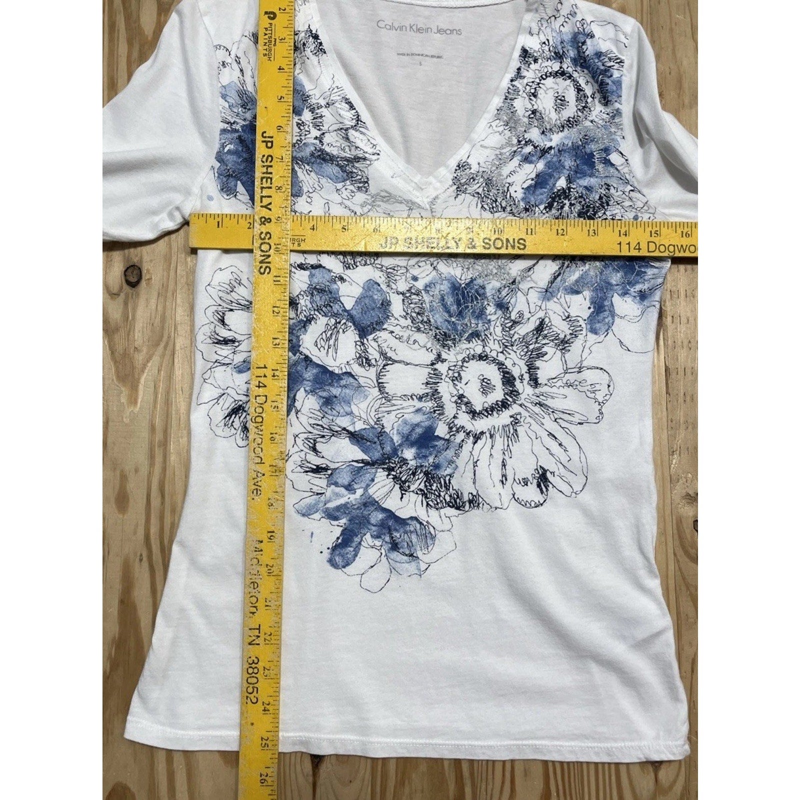 Calvin Klein Women’s White Blue Floral Long Sleeve Pullover Shirt Top V Neck S