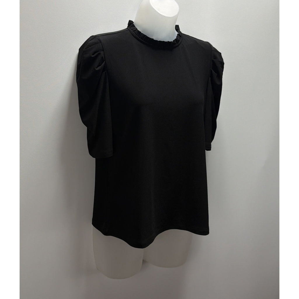 CeCe by Cynthia Steffe Black Puff Sleeve Ruffle Neck Blouse Top Women’s M NWT