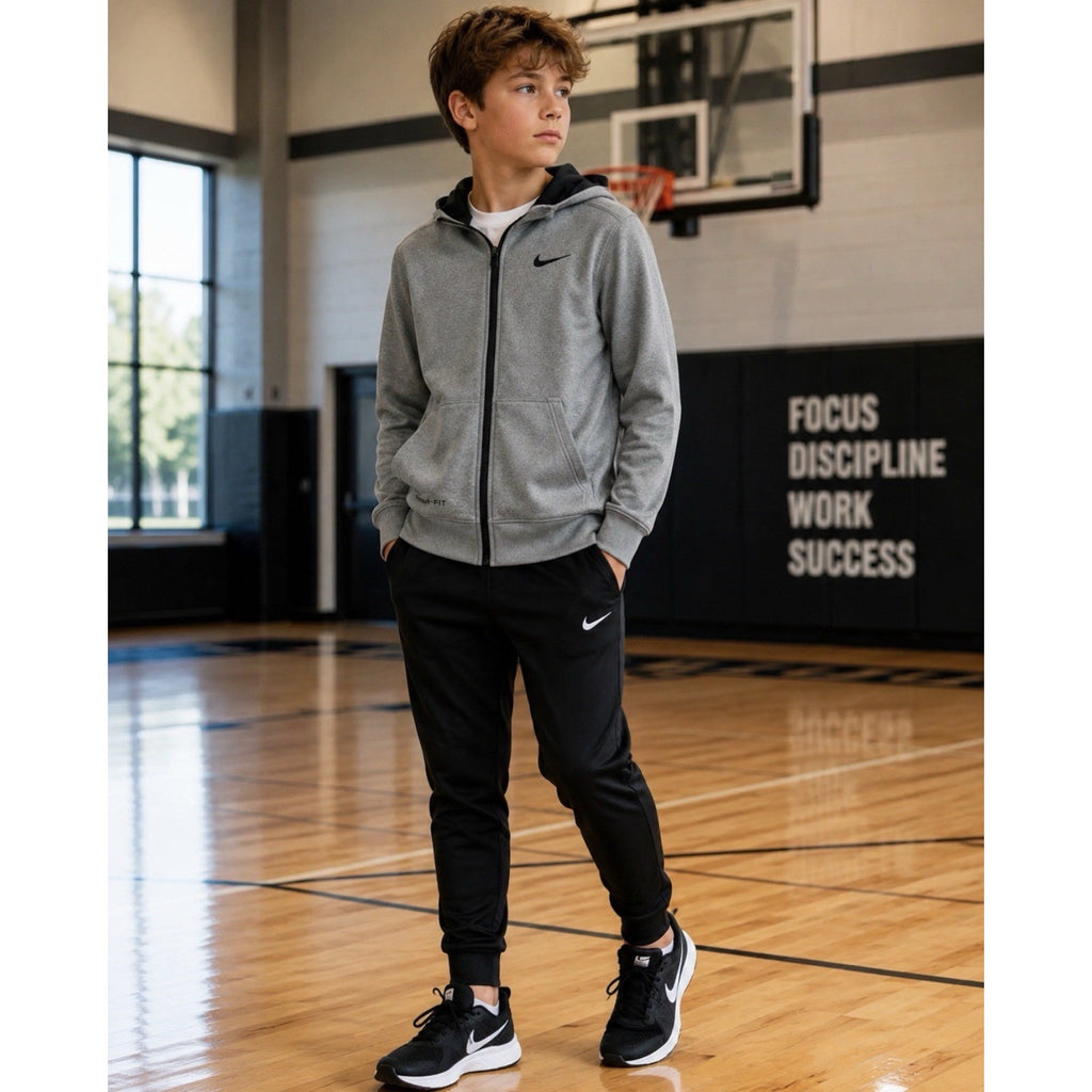 Nike Therma-FIT Boys Large Gray Black Full Zip Hoodie Jacket Youth L Swoosh