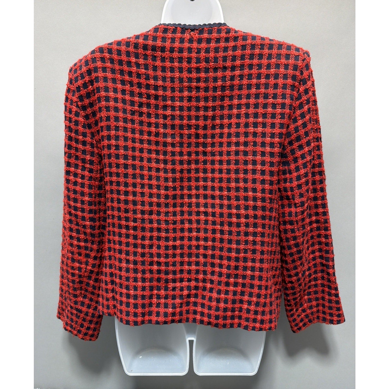 Tan Jay Women Red Navy Plaid Wool Blend Blazer Jacket Size L VINTAGE Classic