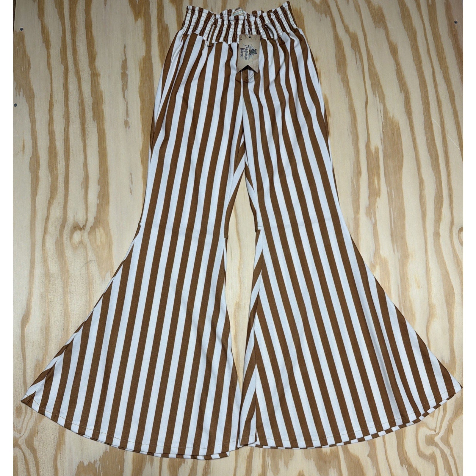 Turquoise Haven Women's Wide Boho Bell Bottom Pants Striped Brown White Medium