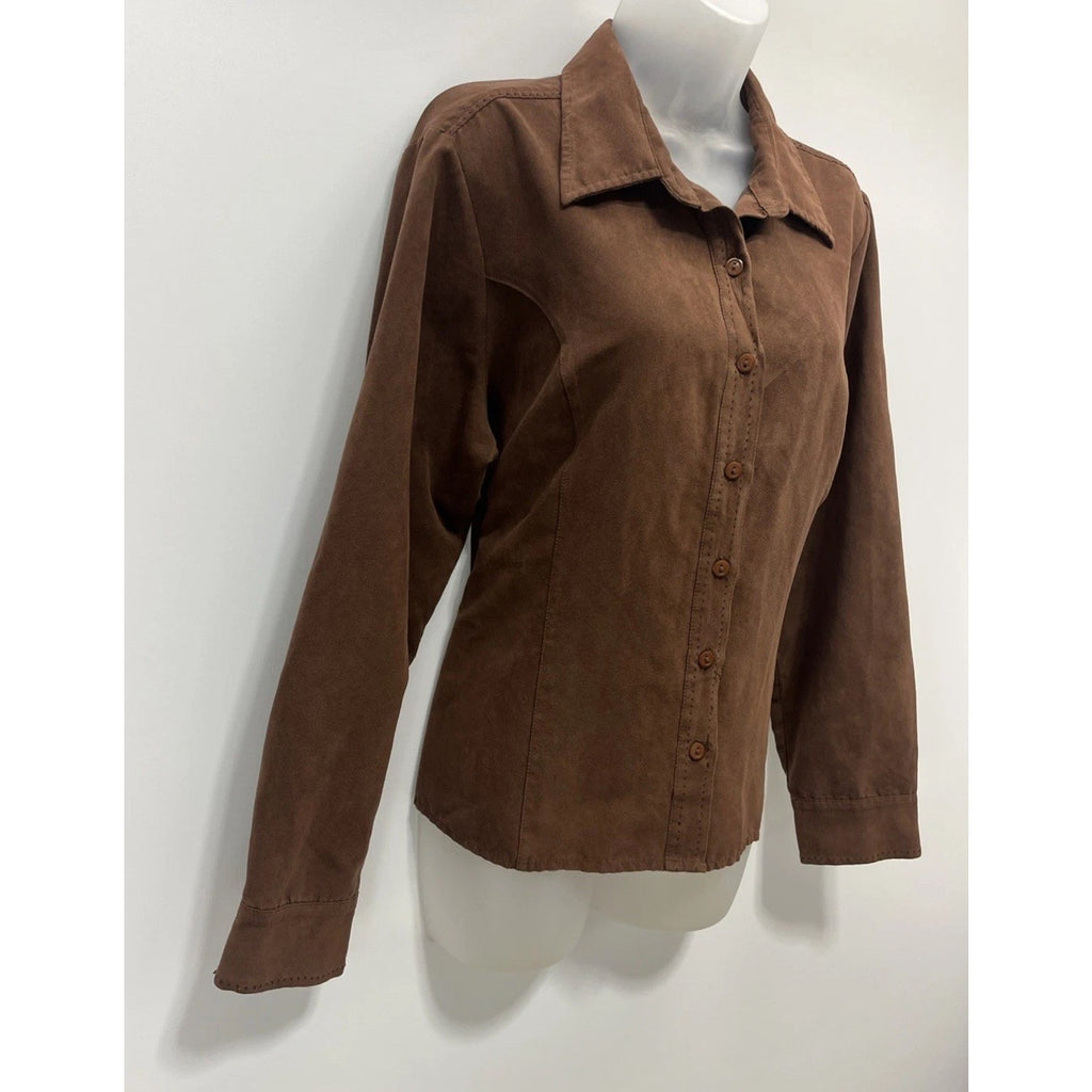 Lemon Grass Brown Rust Button Long Sleeve Faux Suede Shirt Sz XL