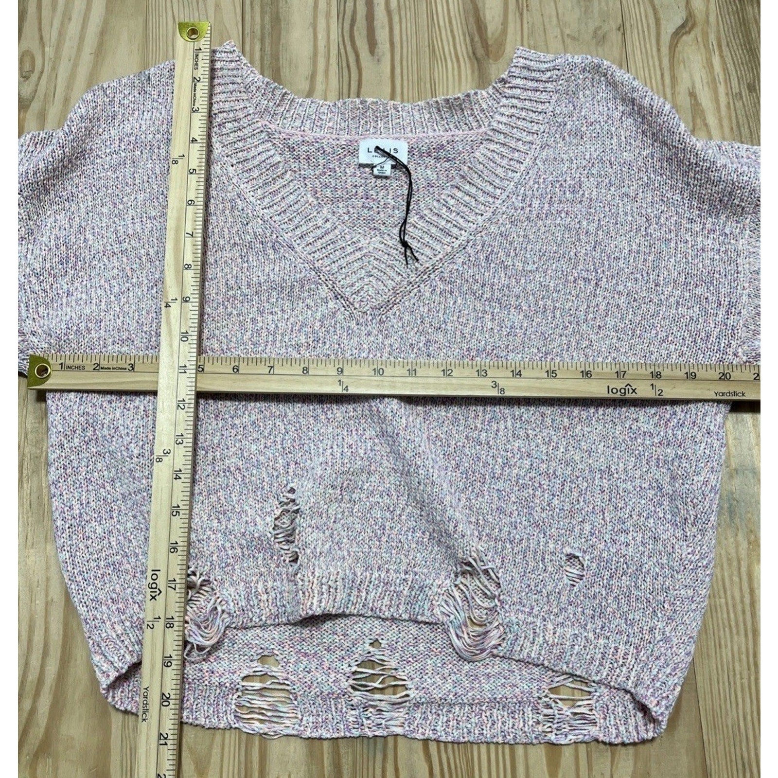 Lelis Womens Pullover Sweater Pink Long Sleeve Ribbed Knit Frayed Medium