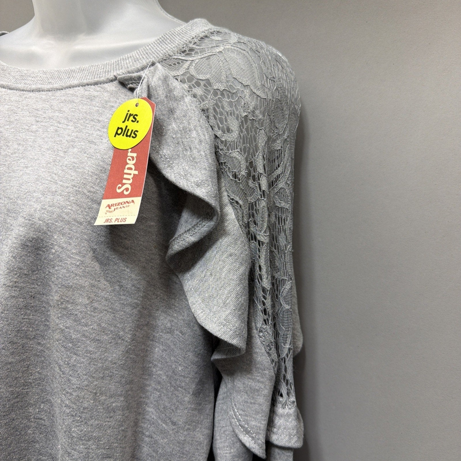 Arizona Jeans Grey Ruffle Lace Long Sleeve Tunic Sweatshirt Juniors Plus Size 1X