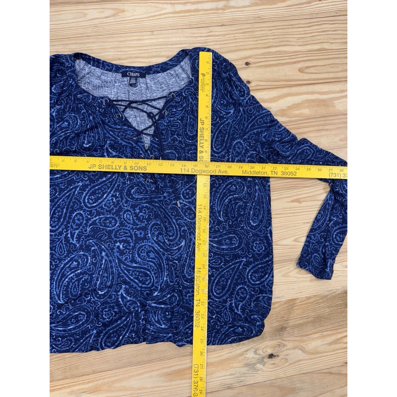 Chaps Blue Paisley V Neck Lace Up Blouse Soft Viscose Women’s Size Large