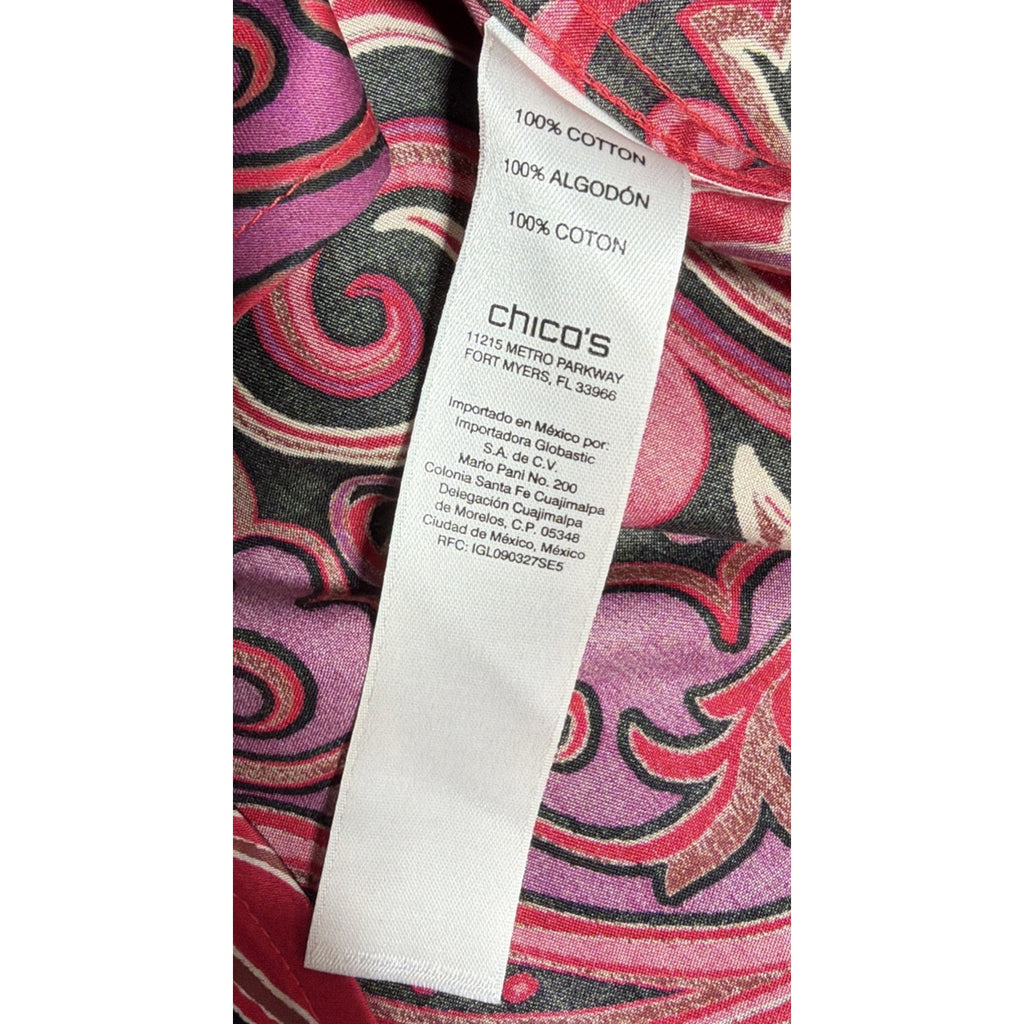 Chicos Red Paisley No Iron Long Sleeve Button Up Tunic Women’s Size 1 Medium