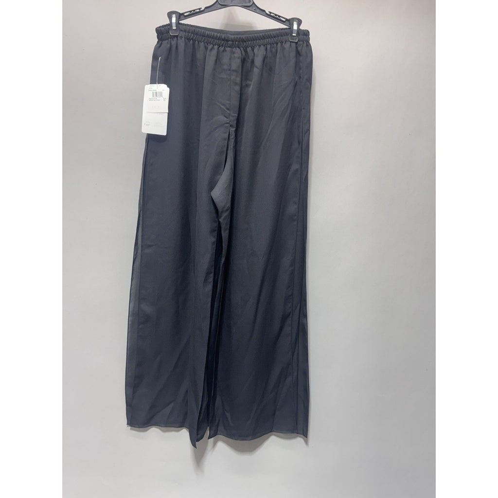 Adrianna Papell Semi Sheer Wide Leg Chiffon Pants Elastic Waist Black 10P New