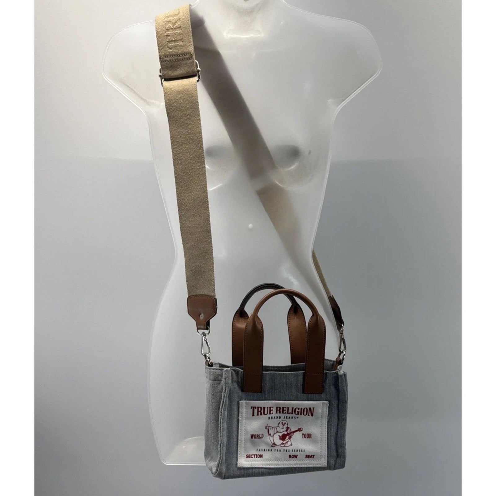 True Religion Small Crossbody, Logo Tote Leather Strap And Denim Body Canvas