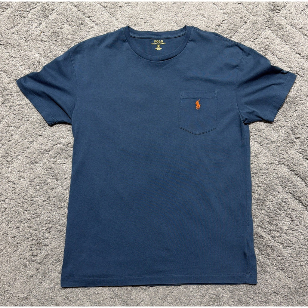 Polo Ralph Lauren T Shirt Mens Small Blue Pocket Tee Orange Pony Logo Cotton