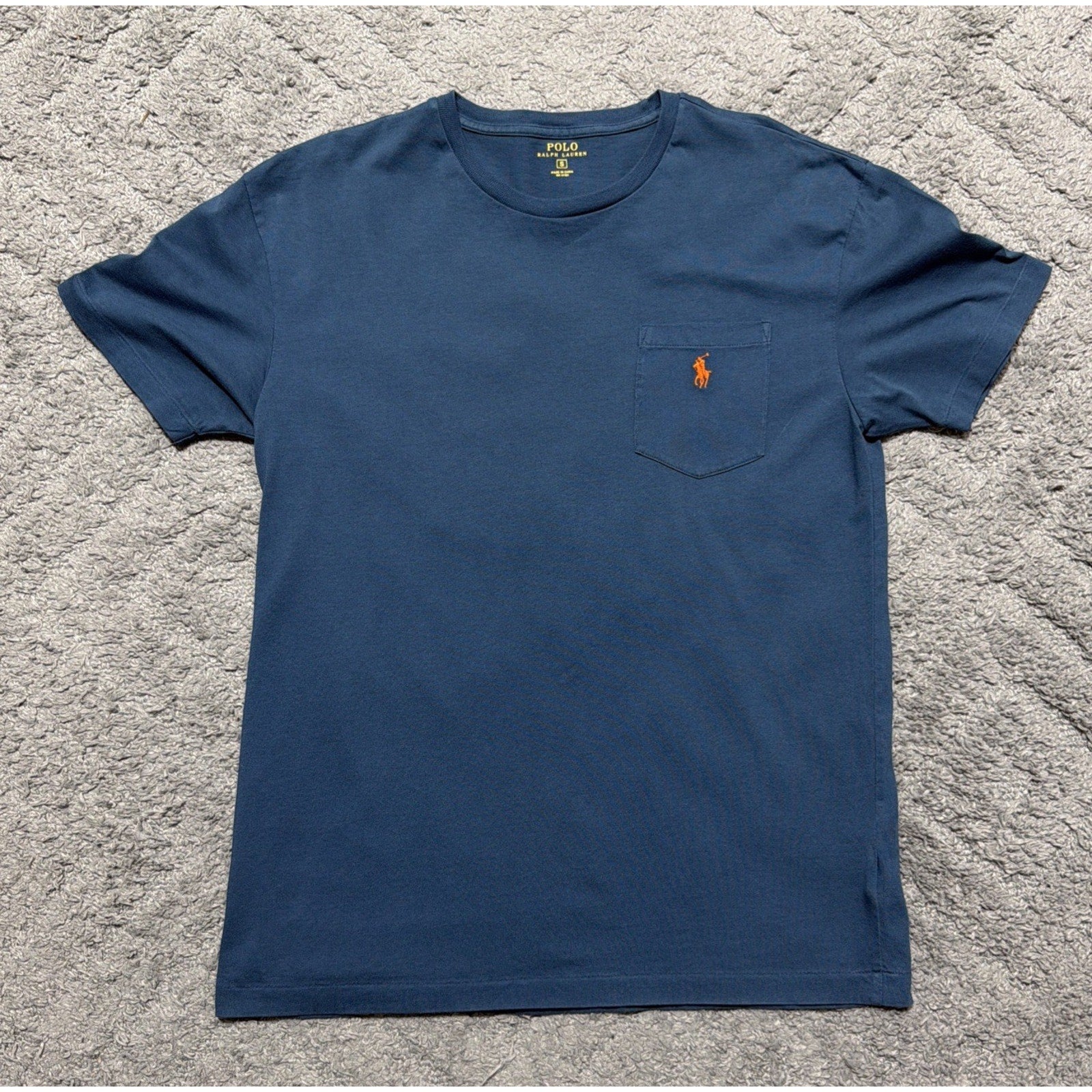 Polo Ralph Lauren T Shirt Mens Small Blue Pocket Tee Orange Pony Logo Cotton