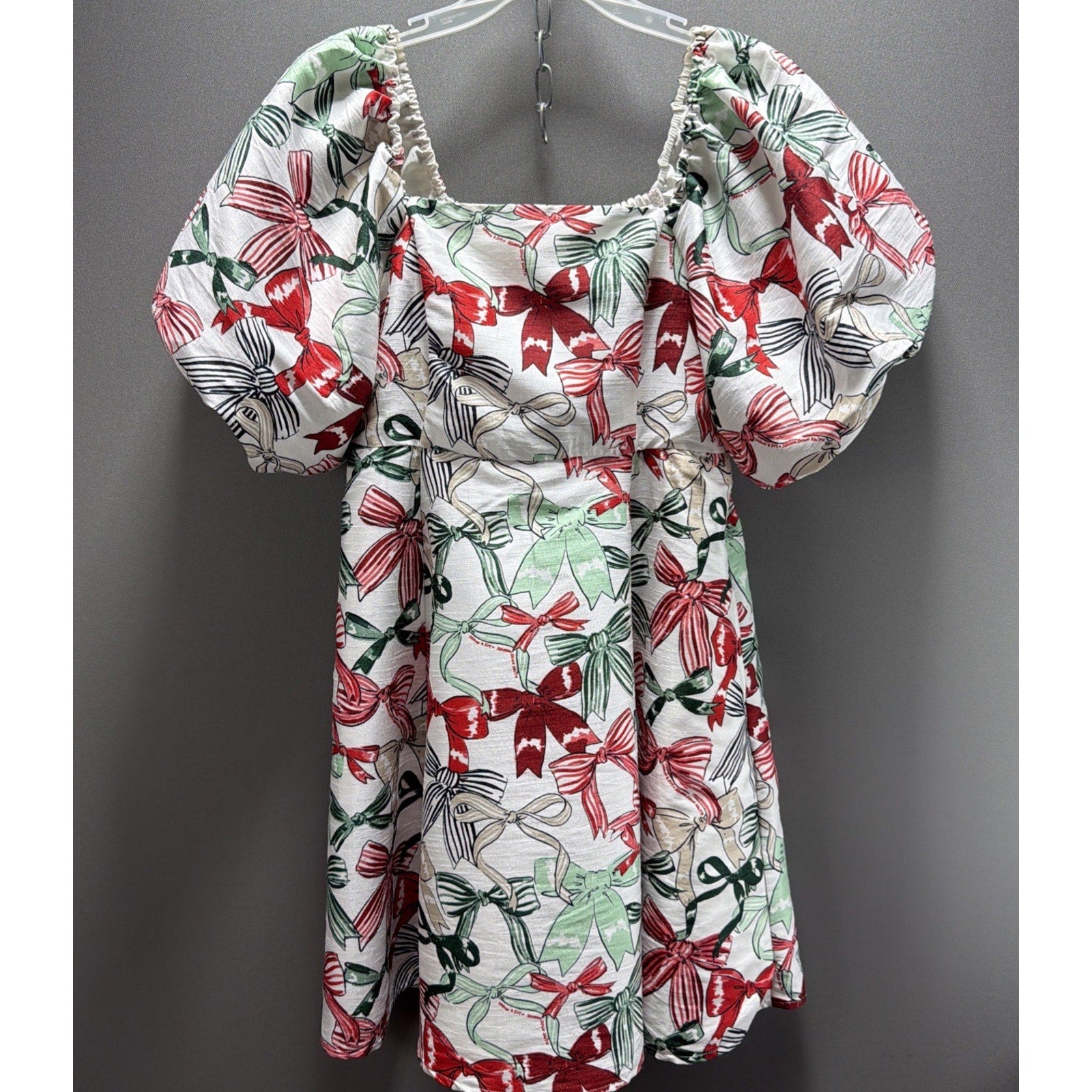 Crown & Ivy Sewing Down South Sew Merry Bow Print Puff Sleeve Mini Dress M