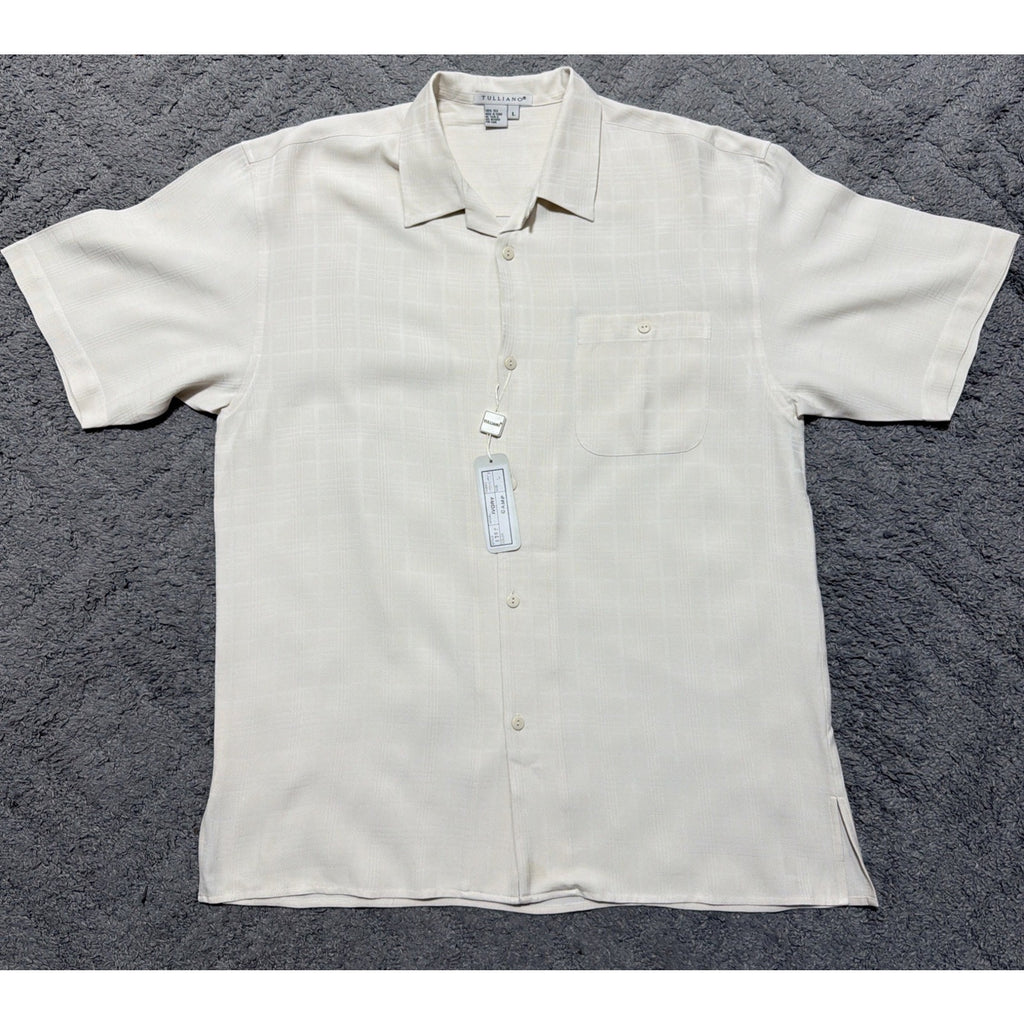 Tulliano Men’s L 100% Silk Camp Shirt Ivory Window Pane Short Sleeve Button Up