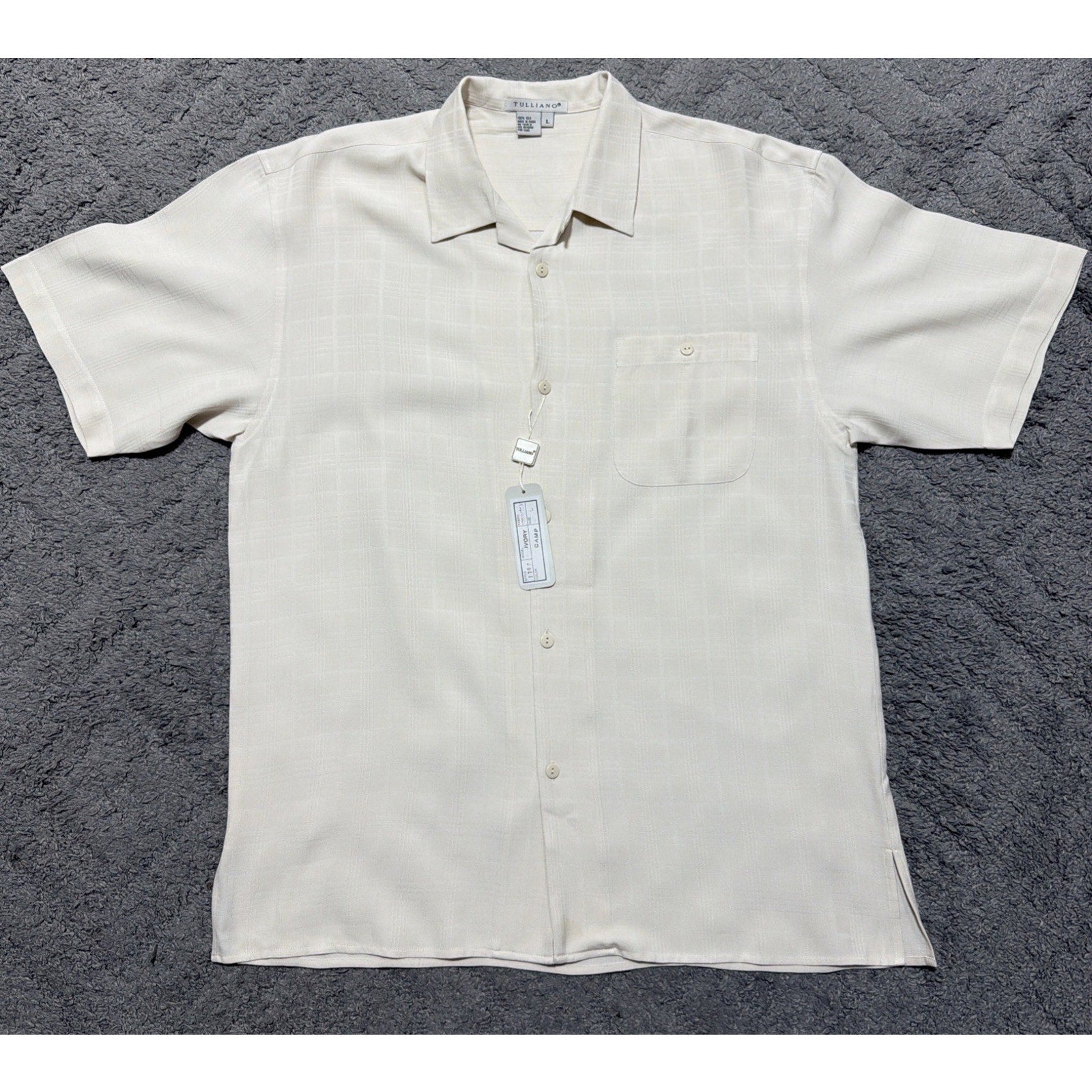 Tulliano Men’s L 100% Silk Camp Shirt Ivory Window Pane Short Sleeve Button Up