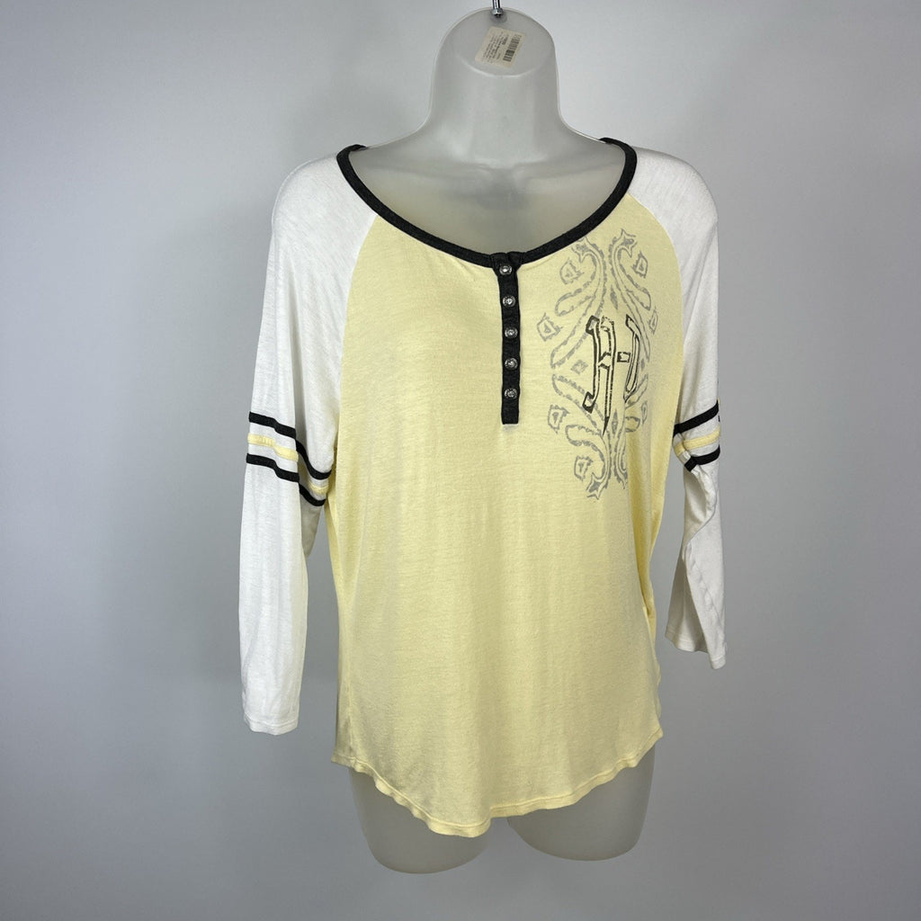 Harley Davidson Yellow & White Rhinestoned 3/4 Sleeve Top Size M