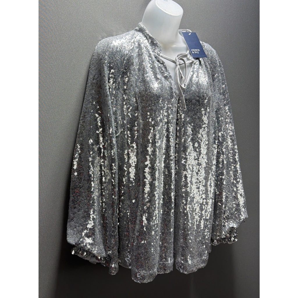 Crown & Ivy Silver Sequin Blouse 1X Lined Stretch Top Balloon Sleeve Sparkle NWT