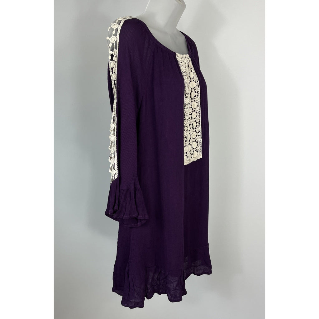 Indigo Soul Women’s Tunic Dress XL Purple Crochet Trim Ruffled Lined