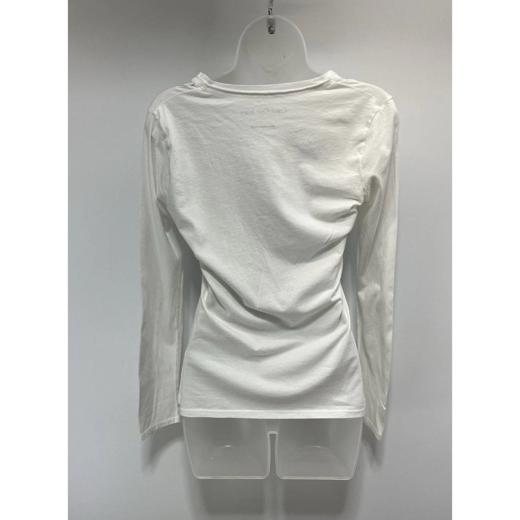 Calvin Klein Women’s White Blue Floral Long Sleeve Pullover Shirt Top V Neck S