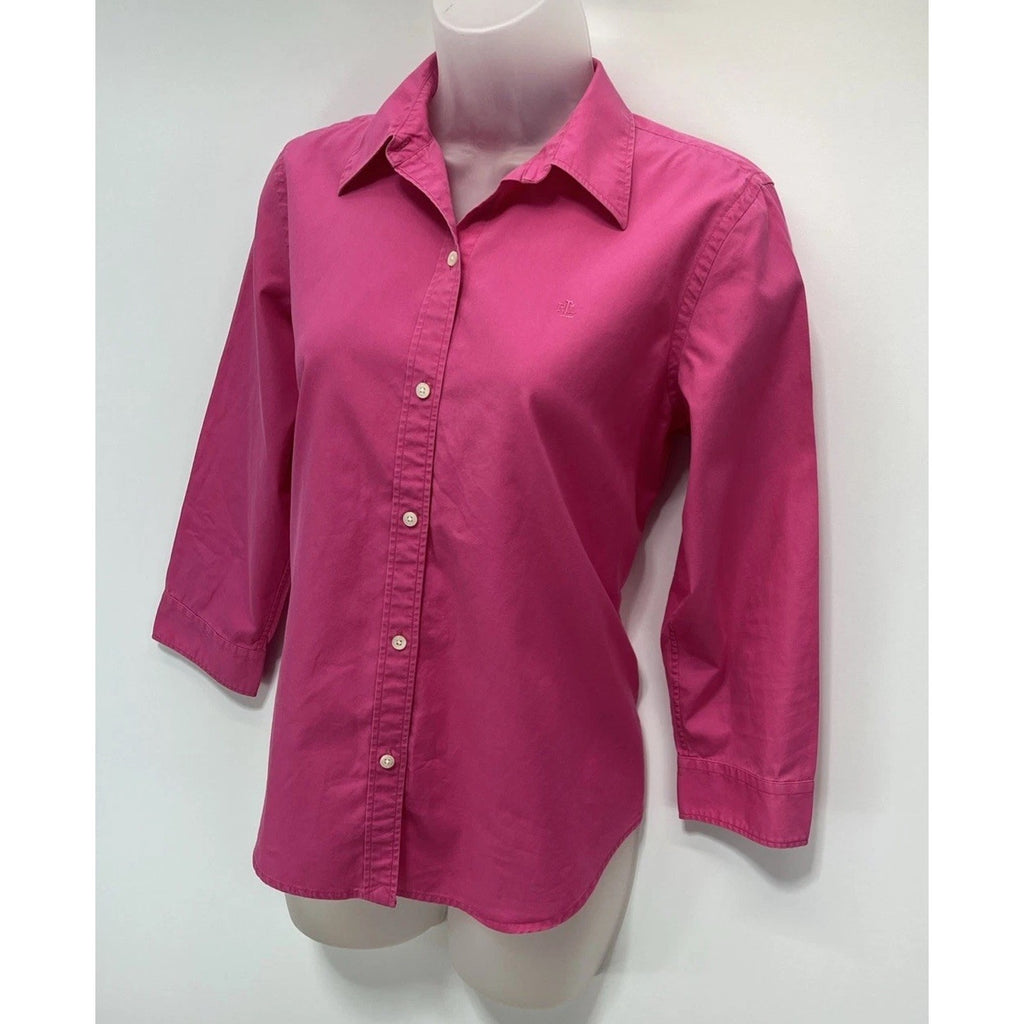 Lauren Ralph Lauren Blouse Size M Hot Pink 100% Cotton Oxford Top