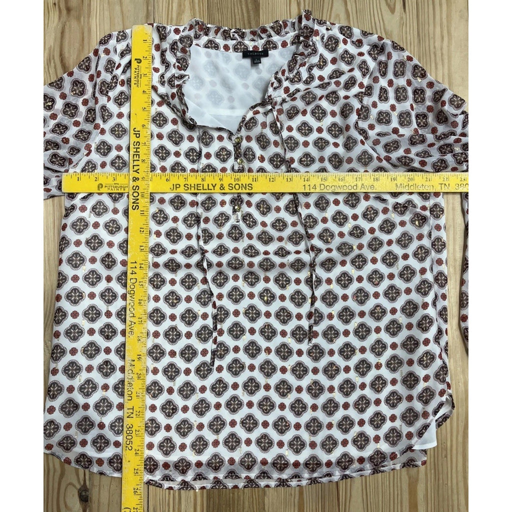 Talbots Damask Print Blouse Size L Floral 1/2 Lined Button Up Semi Sheer Boho