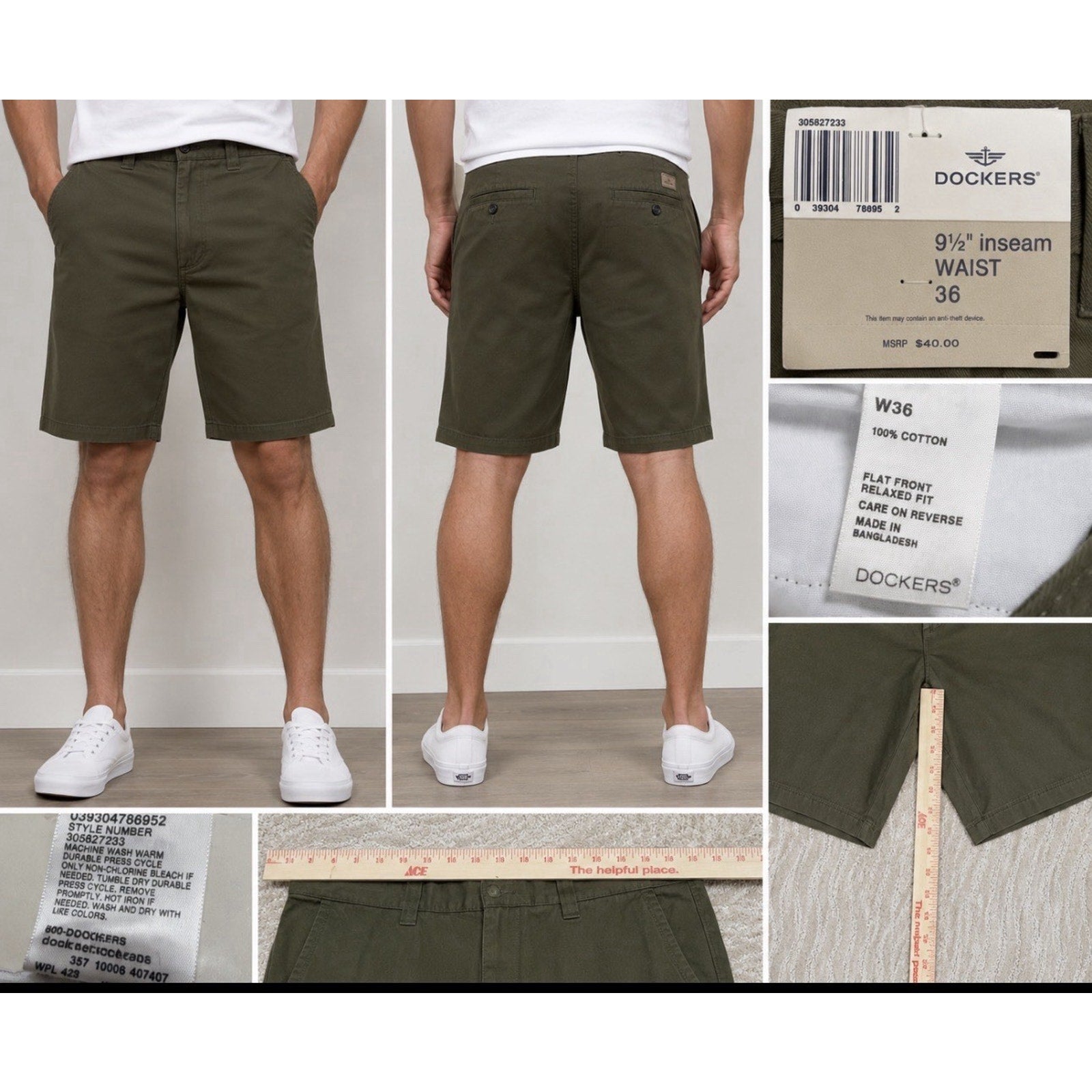 Dockers Men’s Shorts W36 Olive Green Relaxed Fit Flat Front 9.5” Inseam NWT