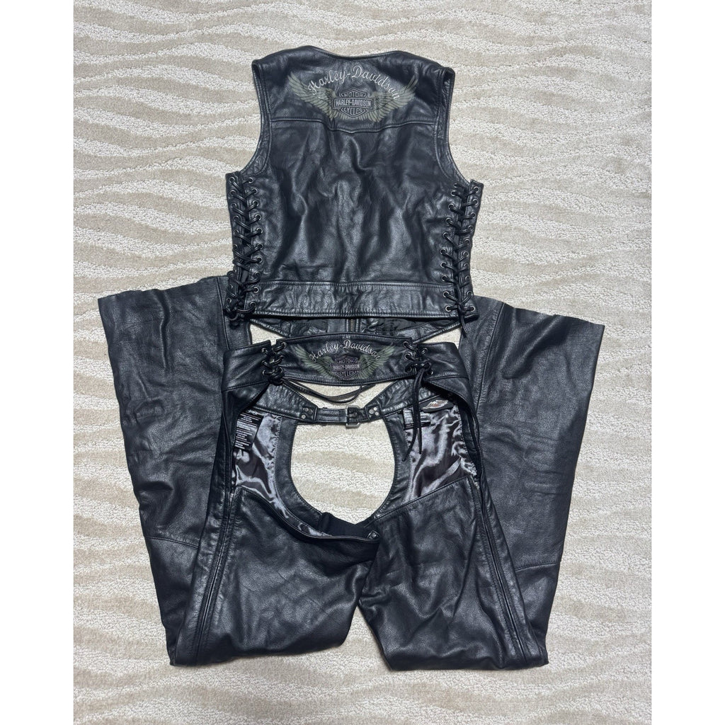 Harley-Davidson Leather Vest & Chaps Matching Set Green Wing Logo Black