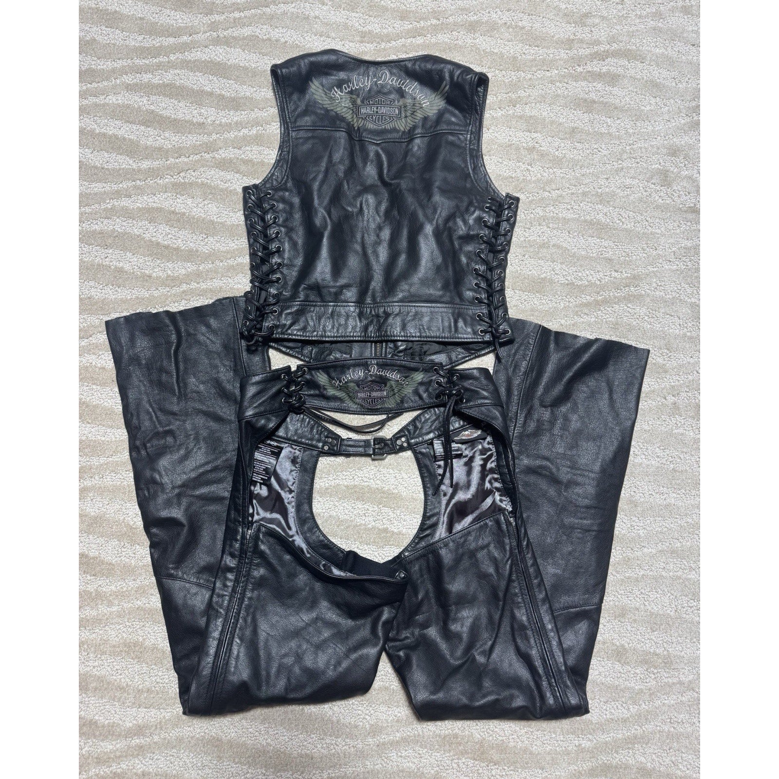 Harley-Davidson Leather Vest & Chaps Matching Set Green Wing Logo Black