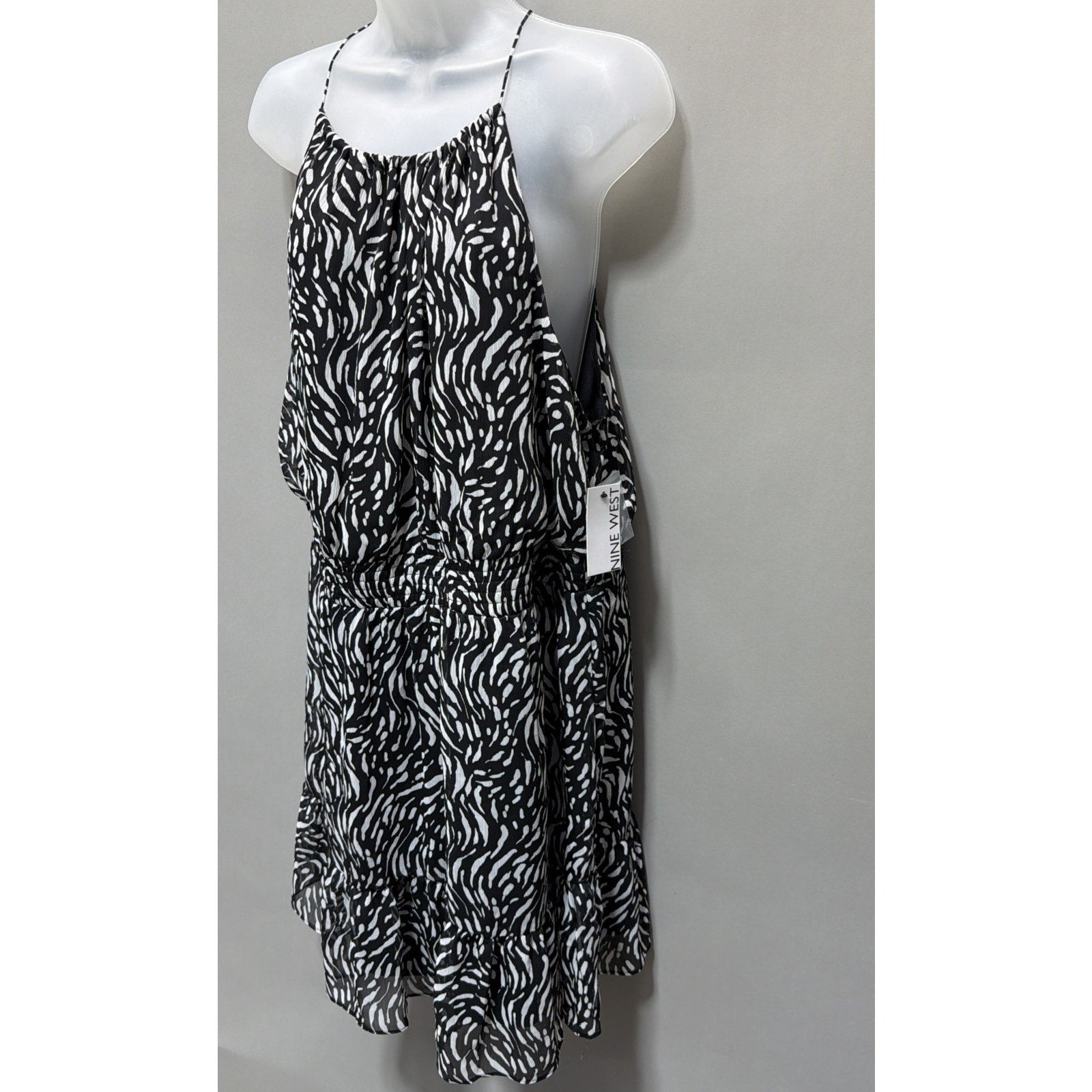 NWT Nine West Women’s XXL Black White Zebra Print Sleeveless Ruffle Hem Dress
