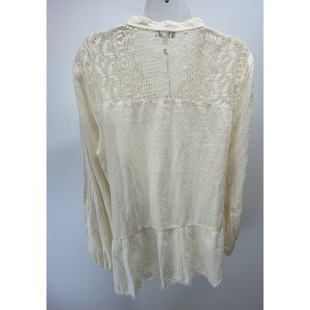 True Craft Women Atlas Ivory Pleated V Neck Crochet Gauze Top Size Large.