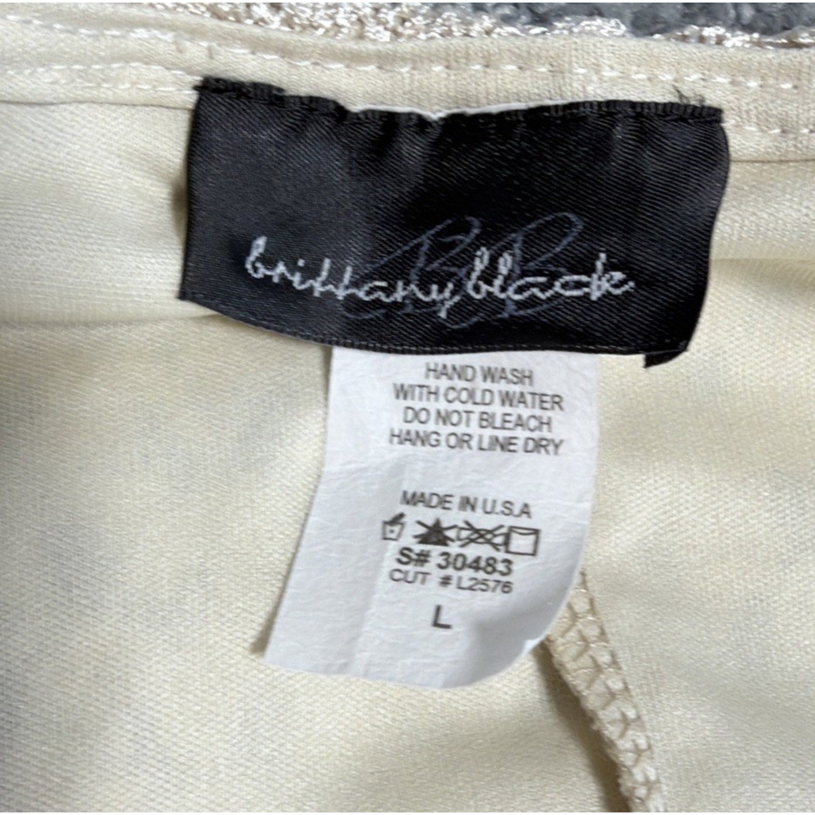 Brittany Black Women Lace Top Size L Ivory Short Sleeve Lined Stretch 5278