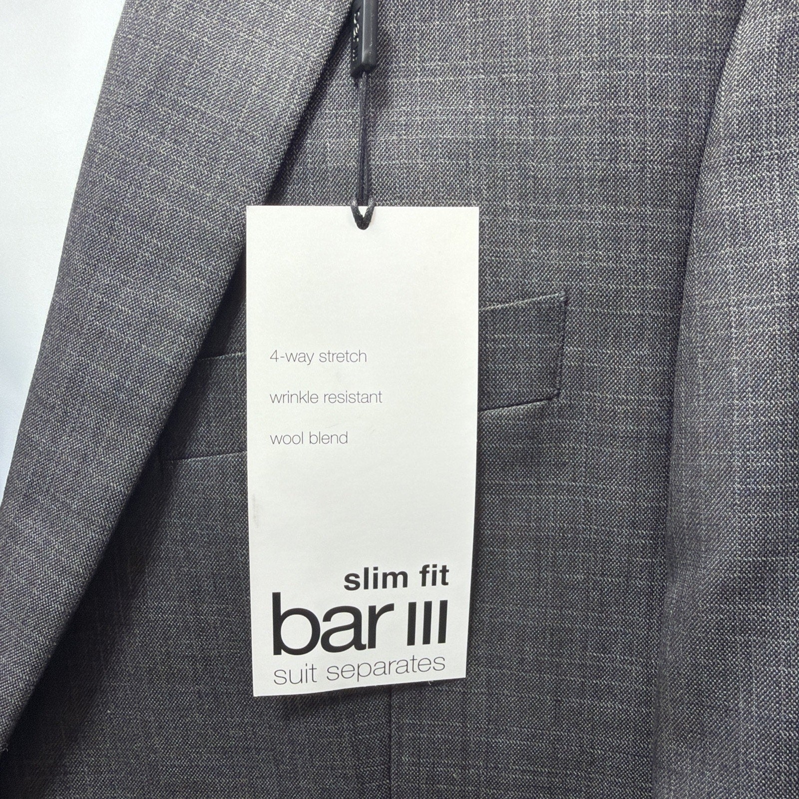 Bar iii Mens Slim Fit Sport Coat Gray Wrinkle Free Suit Jacket Blazer 40R NEW
