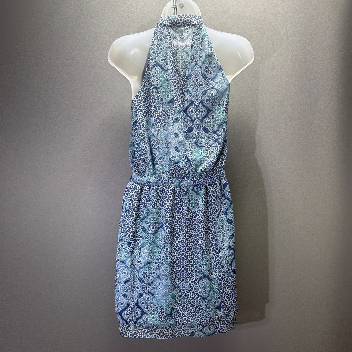Banana Republic Petite Blue White Sleeveless Blouson Dress Neck Tie 00P
