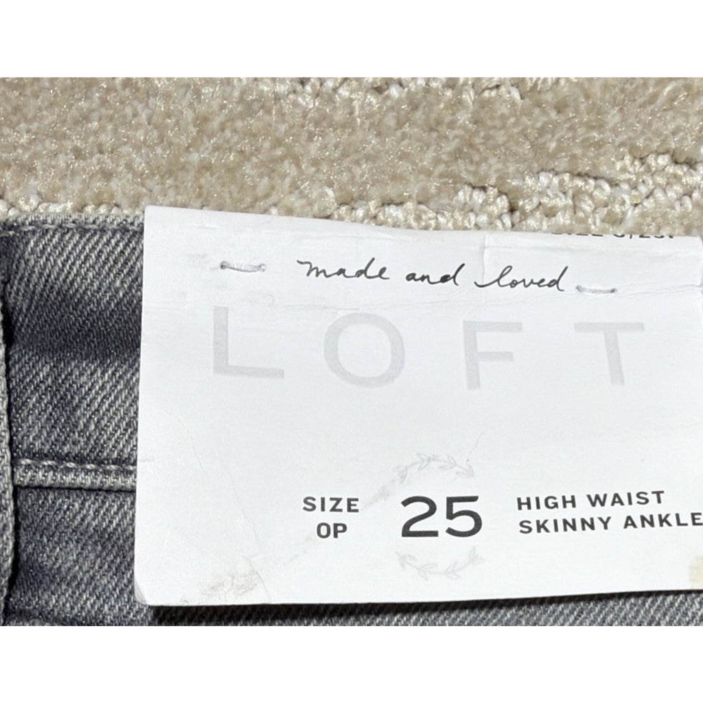 New LOFT High Waist Skinny Ankle Raw Hem Jeans Grey Stretch Sz O Petite 25x26