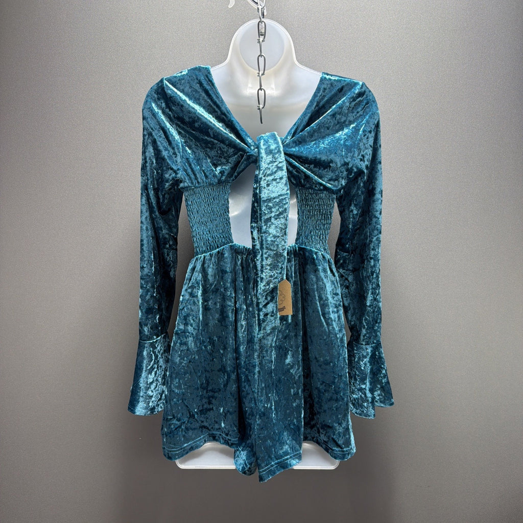 New! Kori America Romper Turquoise Velvet Bell Sleeve Mermaidcore Small Stretch