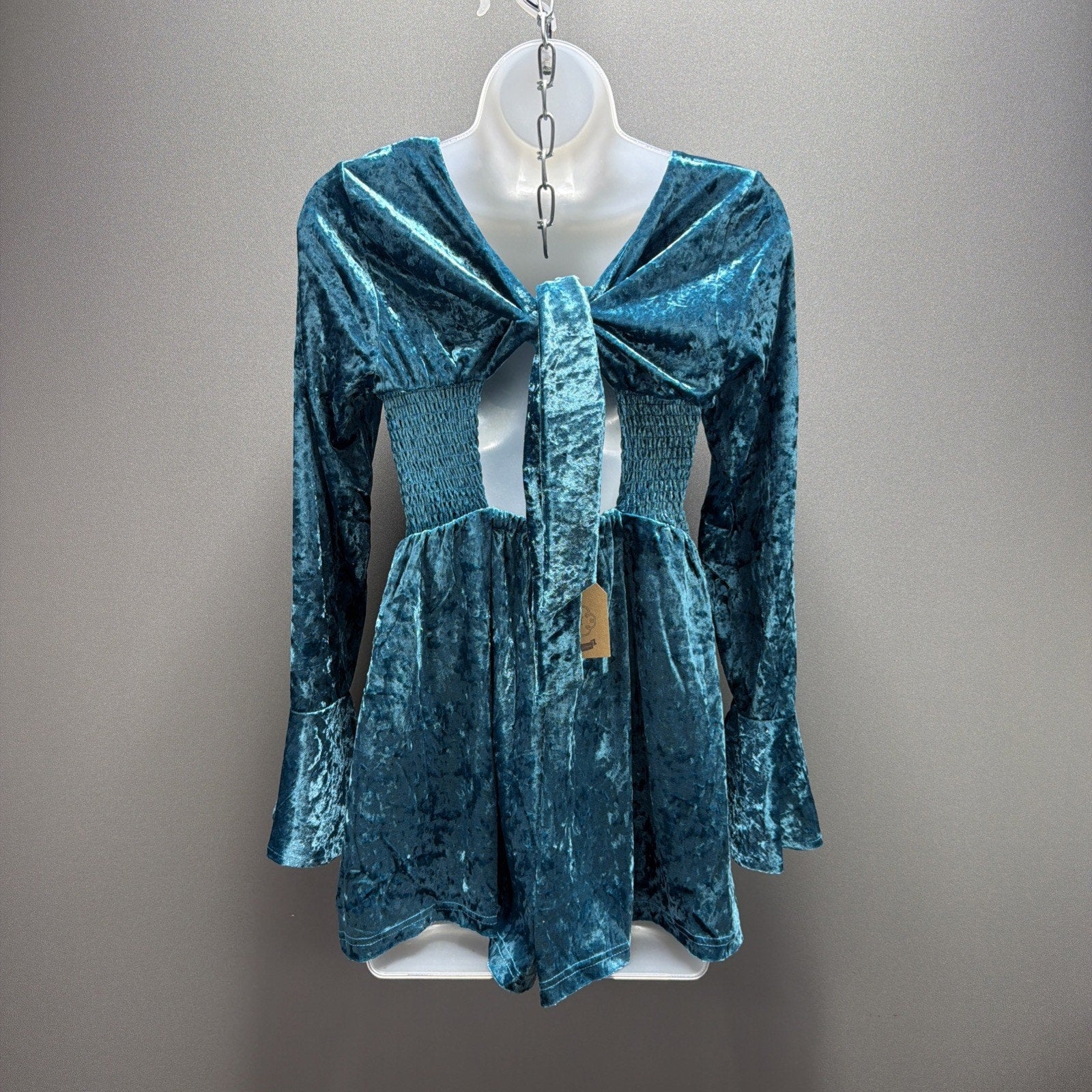 New! Kori America Romper Turquoise Velvet Bell Sleeve Mermaidcore Small Stretch