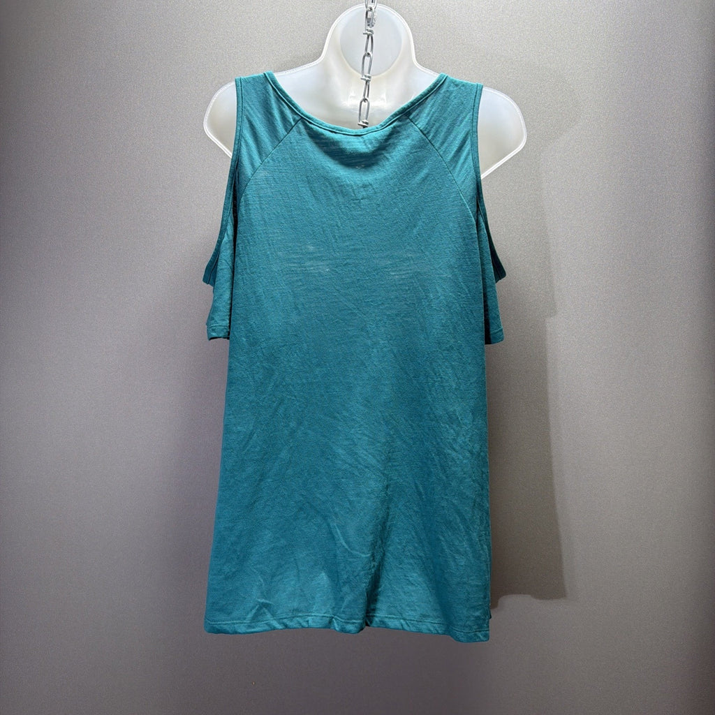 Umgee Teal Cold Shoulder Ruffle Sleeve Blouse M Tie Front Scoop Neck