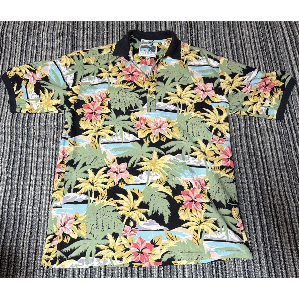Cooke Street Polo Shirt Mens Medium Black Hawaiian Floral Cotton Knit Top