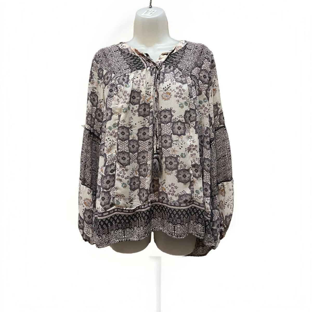 Knox Rose Semi Sheer Boho Top Womens Sz M Purple Floral Bishop Sleeve Tassel