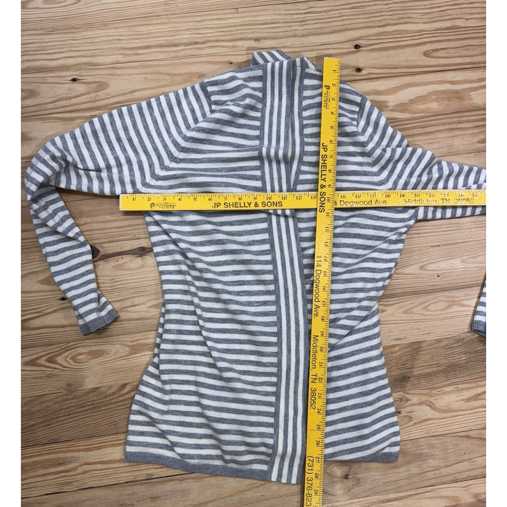 Talbots Open Front Cardigan Lambs Wool Blend Thin Knit White Gray Striped XL
