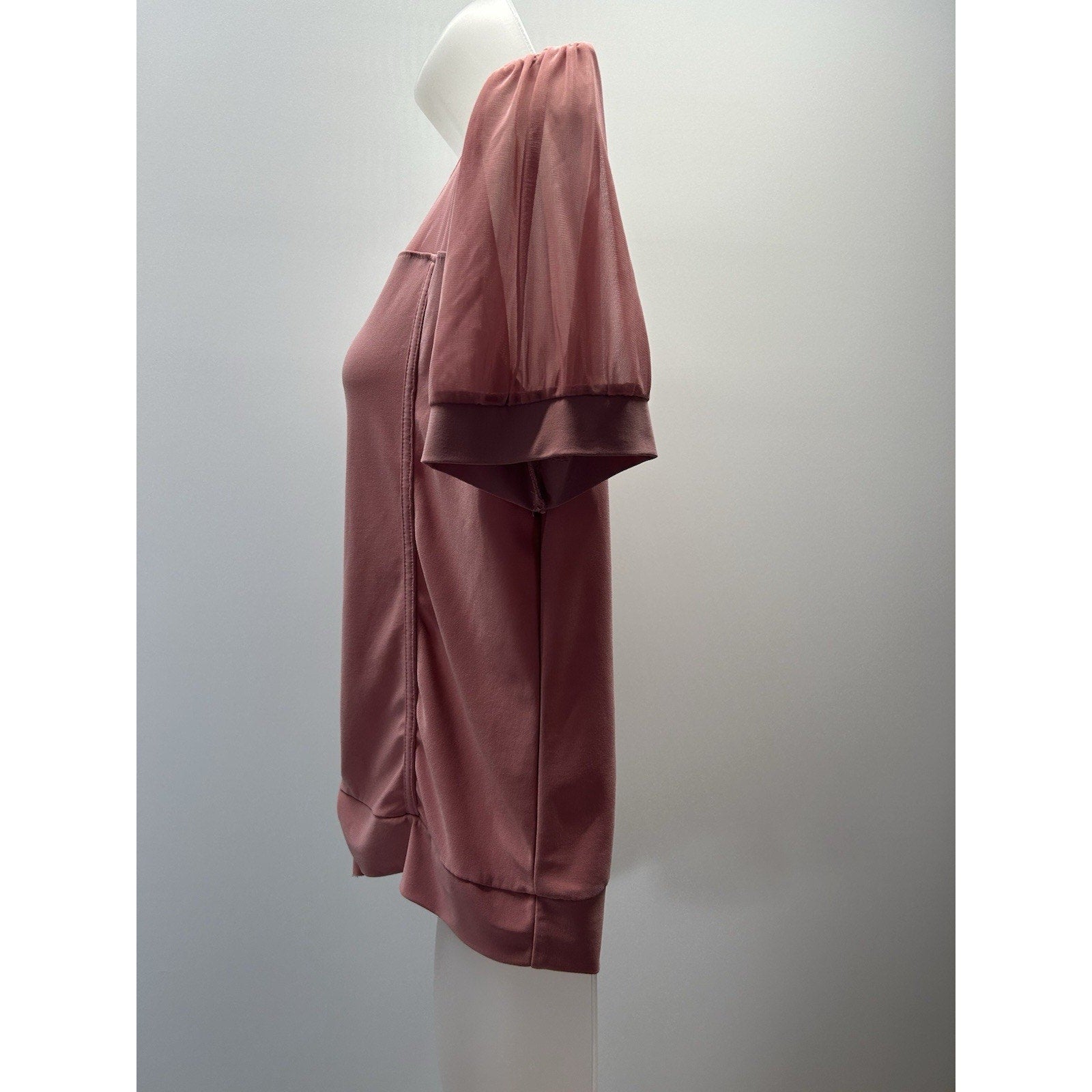 Adele and May Dusty Pink Top Blouse Size M Puff Sheer Sleeves Stretch