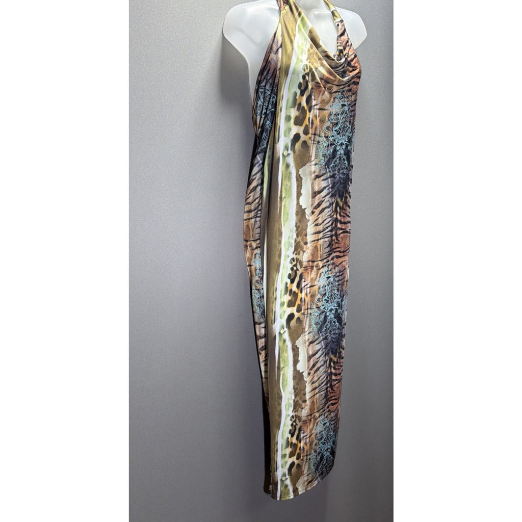 Akira Women's S Animal Print Halter V-Neck Side Slit Bodycon Dress NWT Stretch