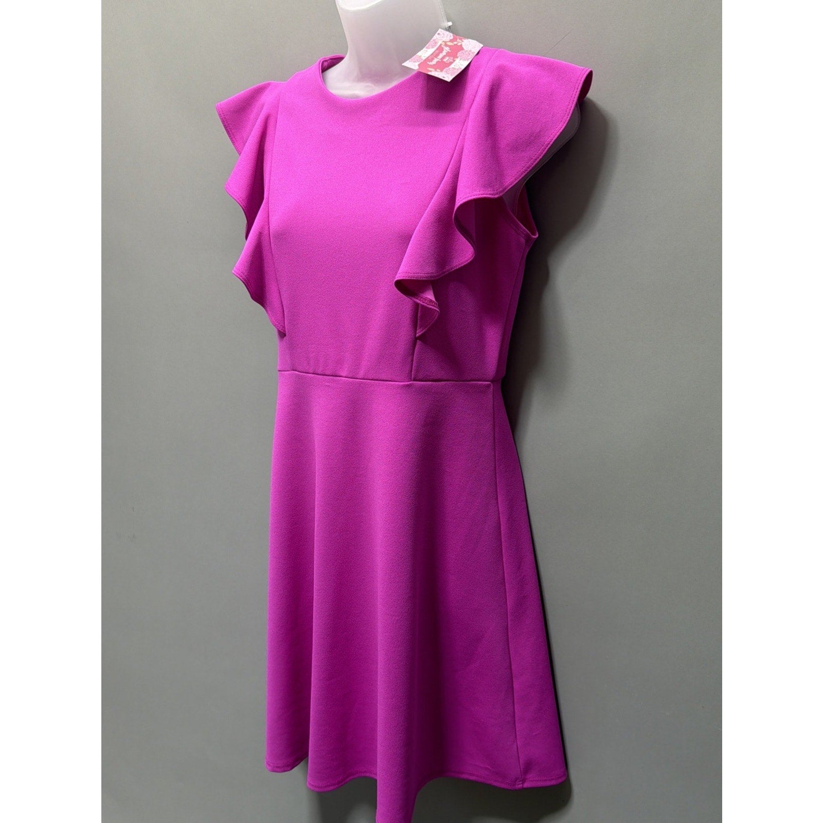 2Hearts Fuchsia Ruffle Shoulder Skater Dress Size Small NWT Made In USA