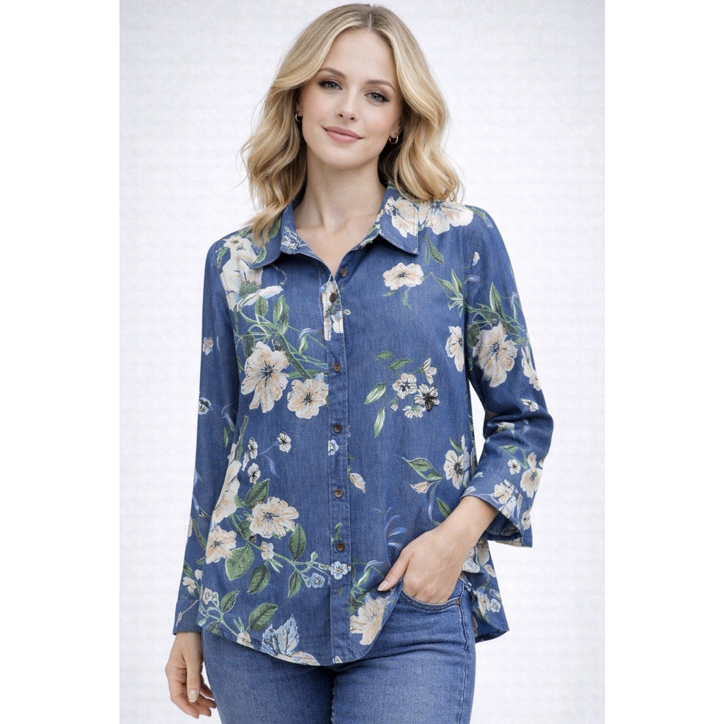 Women’s Chambray Floral Button Down Shirt Large Blue Cotton Rayon Lightweight