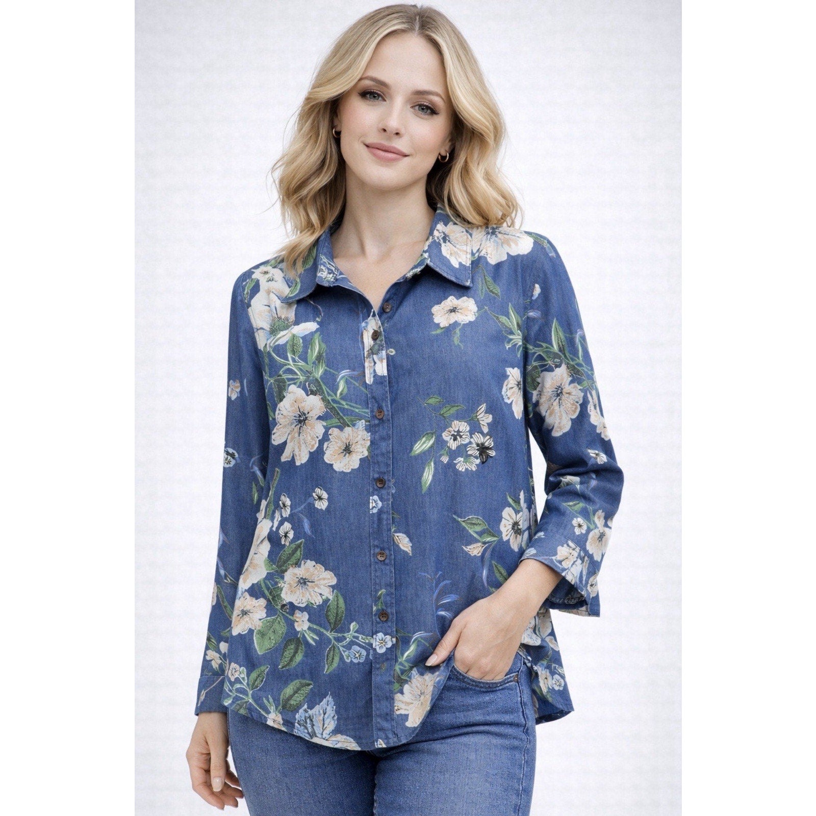Women’s Chambray Floral Button Down Shirt Large Blue Cotton Rayon Lightweight