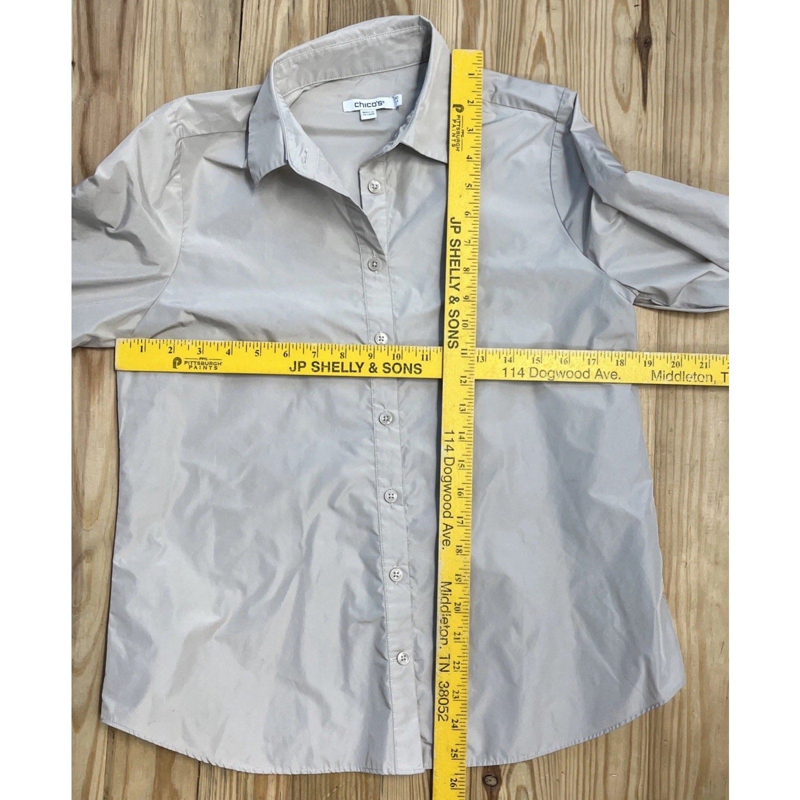Chicos Bungee Sleeve Button Up Beige Shacket XS
