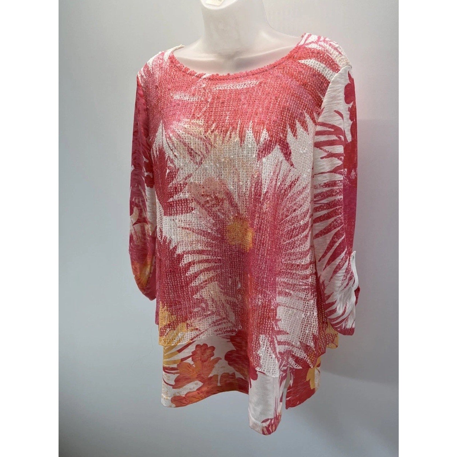 ALI MILES Tunic Top Size Small Floral Pastel Lined 3/4 Mesh Sleeves