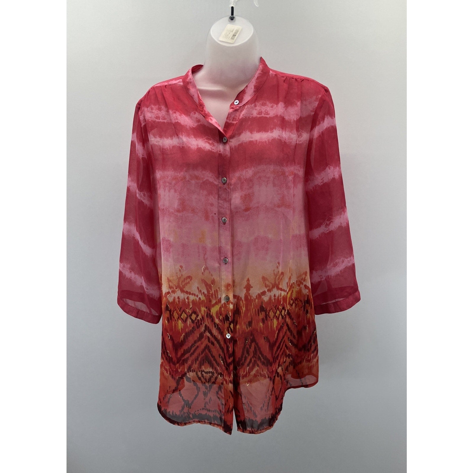Chico's Top 2 Women's Small Pink Orange Red Sheer 3/4 Sleeve Blouse Button-Up