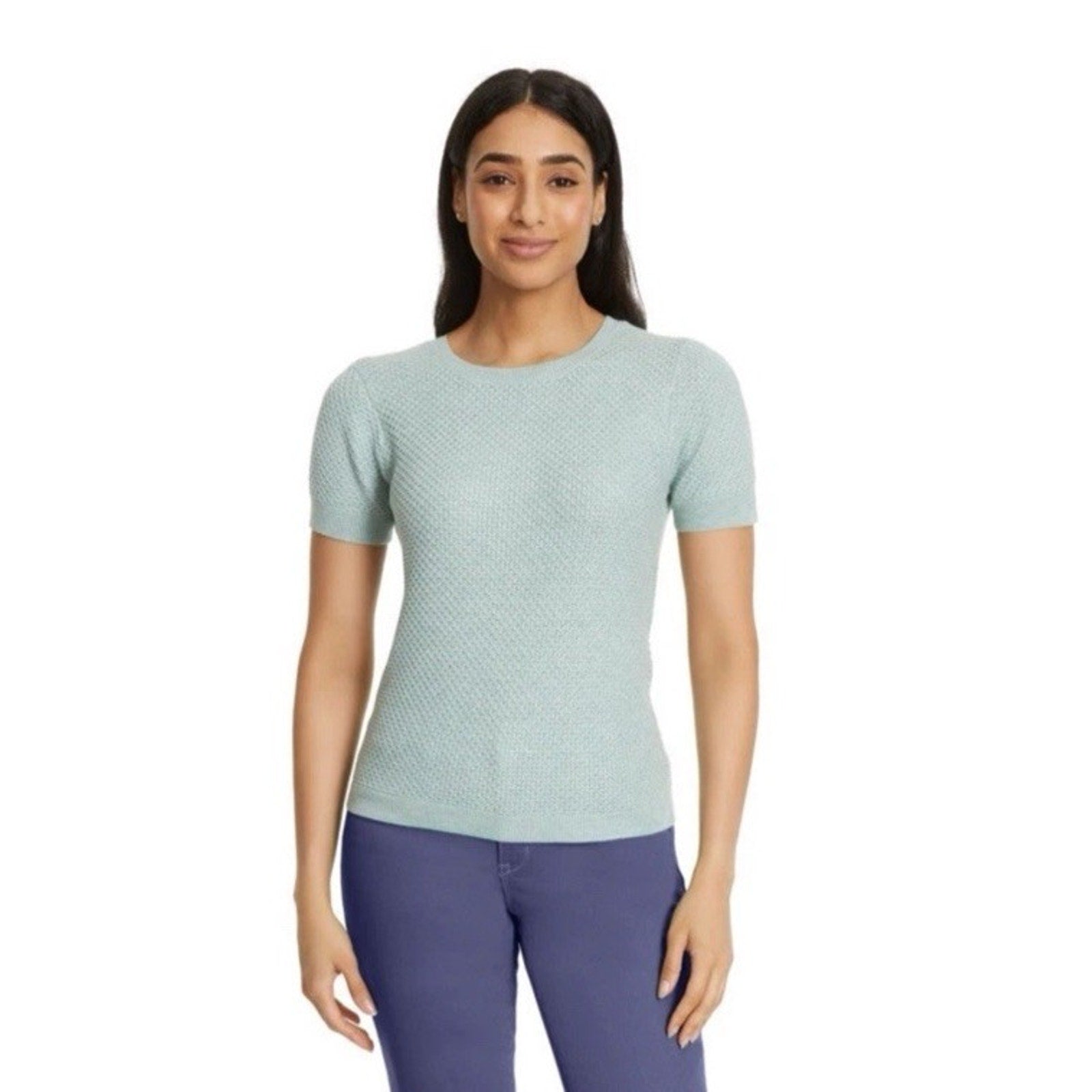 Nine West Women's Spring Sweater Short Sleeve, Teal Green, Waffle Weave XXL New