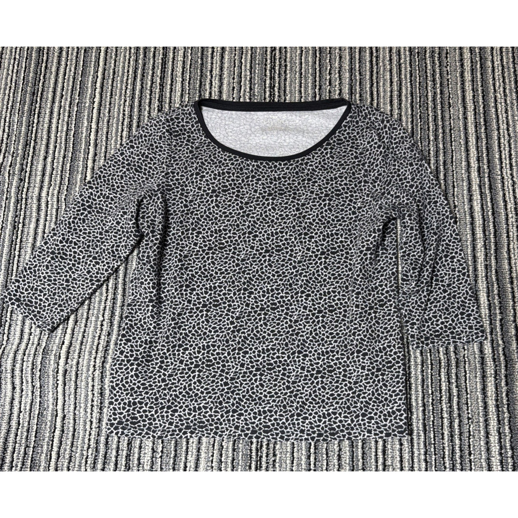 Talbots Womens Sweater Large Petite Black White Giraffe Print 3/4 Sleeves Soft