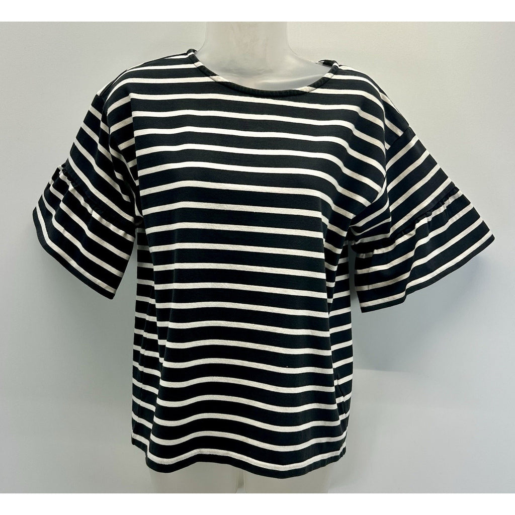 J. Crew Mariner Top Womens S Black White Striped Ruffle Short Sleeve Nautical.