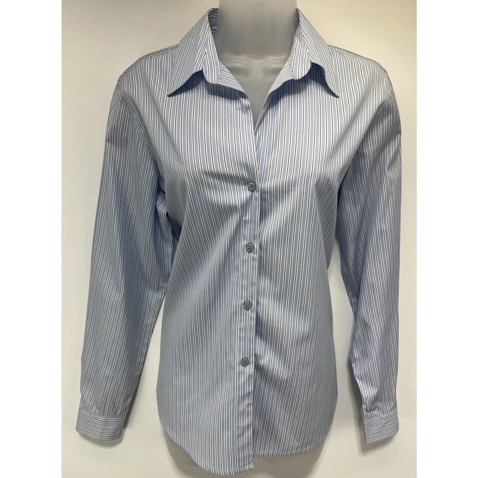 Emma James Womens Light Blue Striped Long Sleeve Button Up Shirt Size M Cotton